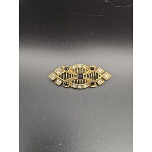 Vintage 1928 gold toned faceted black onyx rhinestones brooch pin